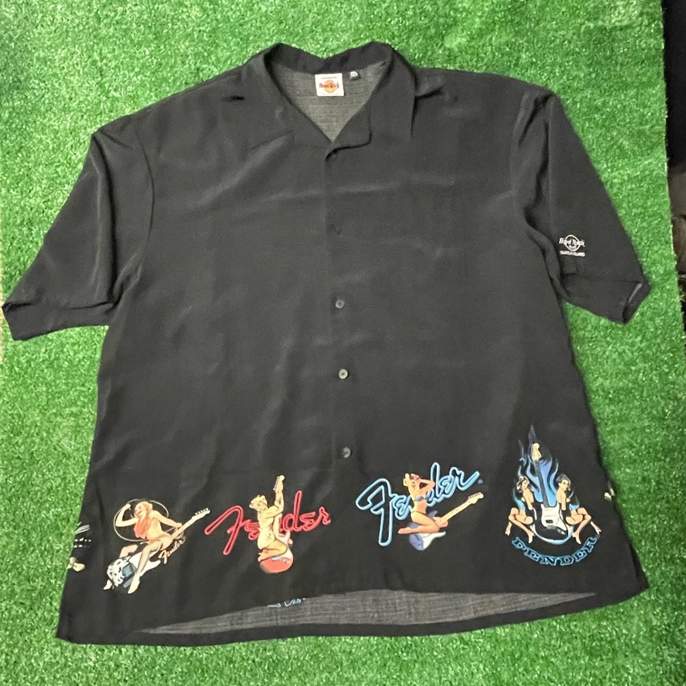 VTG Fender Hard Rock Café  Mens XXL Black Button-Down Camp Shirt pinup chicks
